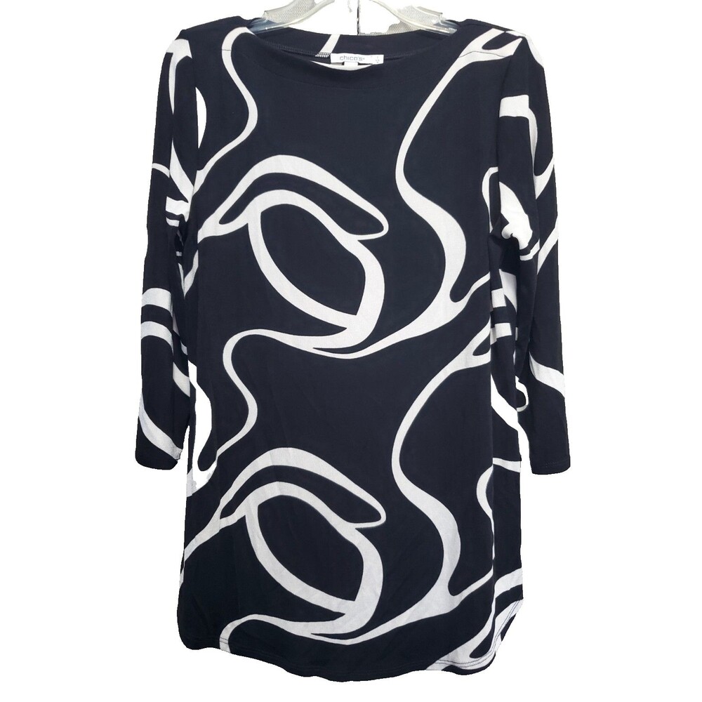 Chico's Travelers Black Abstract Print Boat Neck 3/4 Sleeve Tunic Size 1 Medium